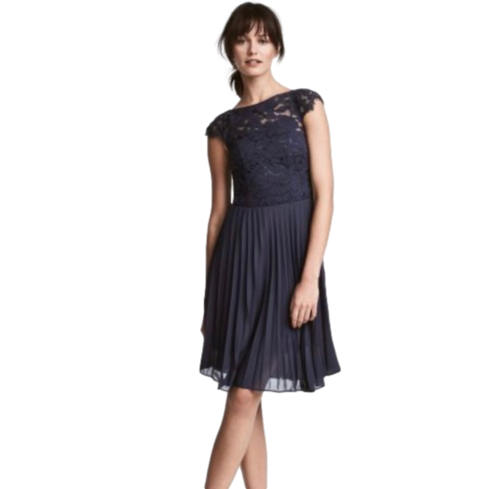 H&M Navy Blue Lace Capsleeve Pleated Dress